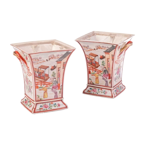 114 - A pair of Chinese Famille Rose porcelain, square section two-handled bulb pots, Qing Dynasty, Qianlo... 