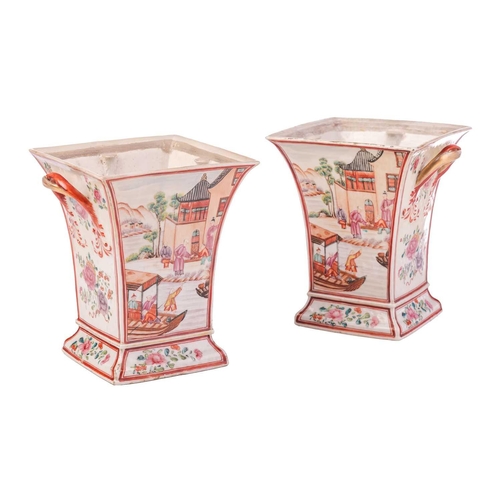 114 - A pair of Chinese Famille Rose porcelain, square section two-handled bulb pots, Qing Dynasty, Qianlo... 