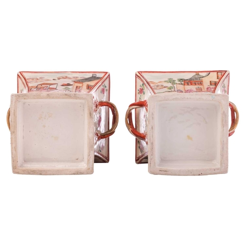 114 - A pair of Chinese Famille Rose porcelain, square section two-handled bulb pots, Qing Dynasty, Qianlo... 