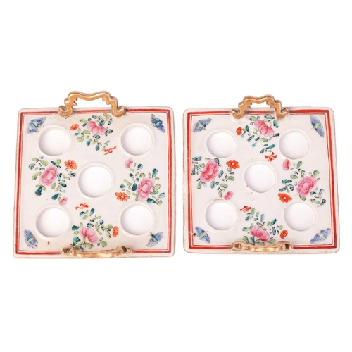 114 - A pair of Chinese Famille Rose porcelain, square section two-handled bulb pots, Qing Dynasty, Qianlo... 