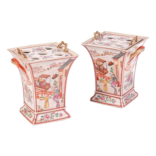 114 - A pair of Chinese Famille Rose porcelain, square section two-handled bulb pots, Qing Dynasty, Qianlo... 