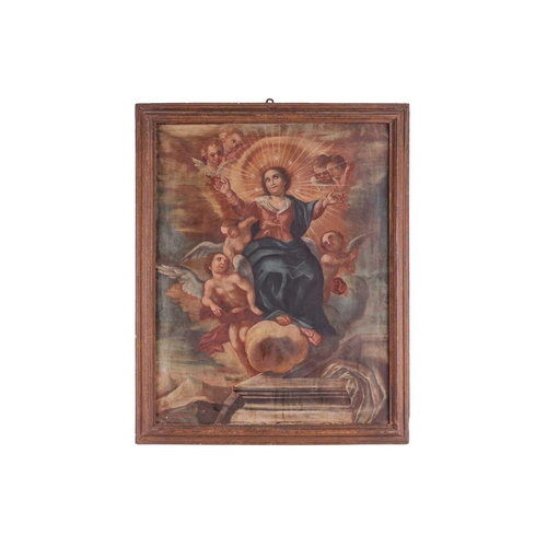 16 - Cuzco School, The Assumption of the Holy Mother, accompanied by a host of angels, oil on canvas, 83 ... 