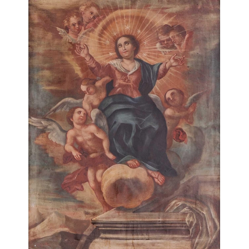 16 - Cuzco School, The Assumption of the Holy Mother, accompanied by a host of angels, oil on canvas, 83 ... 