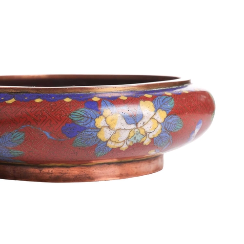 75 - A large Chinese circular cloisonne bowl of shallow biconvex form, late Qing Dynasty, early 20th cent... 