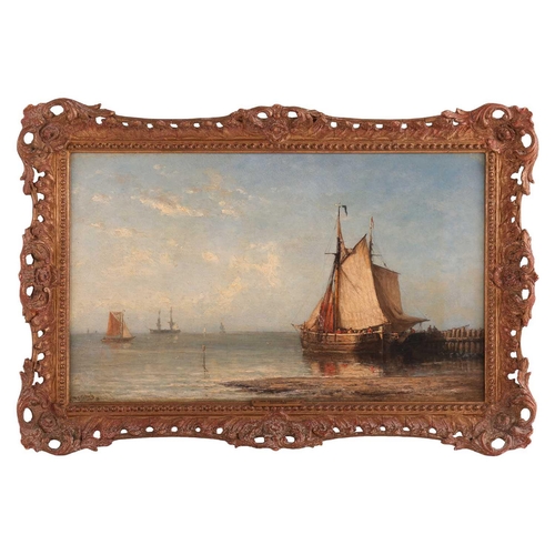 17 - Jan Frederik Schutz (Dutch 1817-1888) Shipping by a pier signed 'F.W.Schutz' (lower left), oil on bo... 