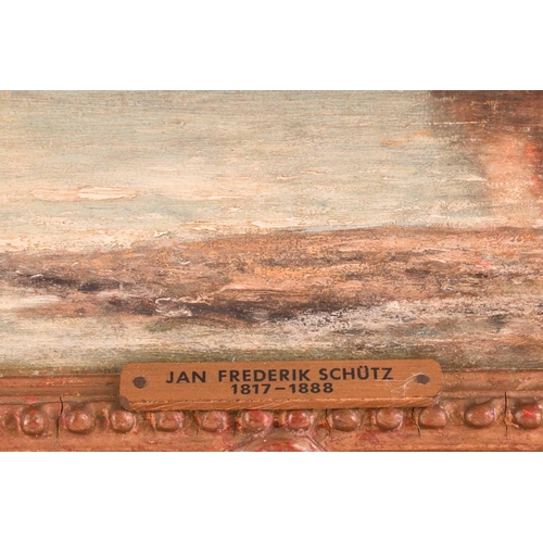 17 - Jan Frederik Schutz (Dutch 1817-1888) Shipping by a pier signed 'F.W.Schutz' (lower left), oil on bo... 