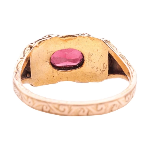 1 - A gem-set ring, the central oval-shaped garnet flanked by trios of half-pearl, one replacement with ... 