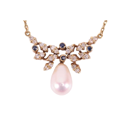 113 - A cultured pearl drop necklace of foliate design, cluster surmount composed of brilliant-cut diamond... 