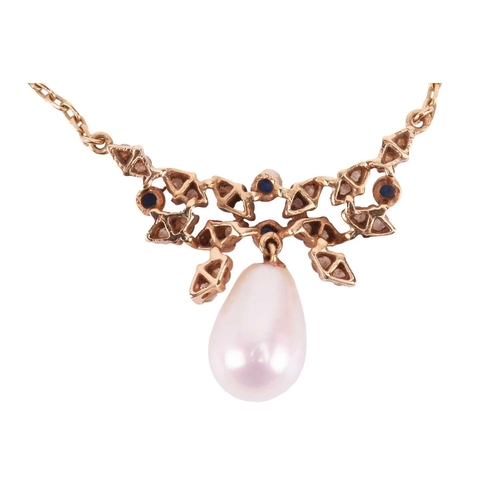 113 - A cultured pearl drop necklace of foliate design, cluster surmount composed of brilliant-cut diamond... 