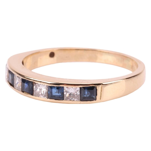 115 - A sapphire and diamond half-hoop ring, featuring four princess-cut diamonds, alternating with five c... 