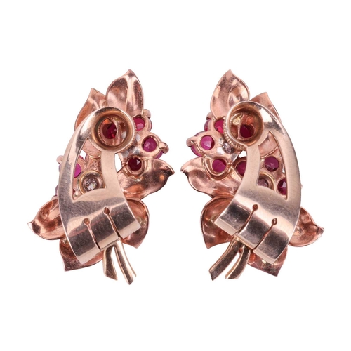 128 - A pair of floral spray earrings set with a mixed of natural and synthetic rubies, circa 1950s, each ... 