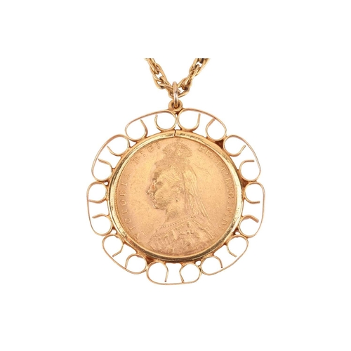 136 - A Queen Victoria full sovereign pendant on chain, dated 1891, in a 9ct yellow gold scrolled mount, t... 