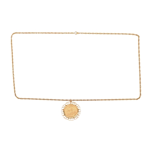 136 - A Queen Victoria full sovereign pendant on chain, dated 1891, in a 9ct yellow gold scrolled mount, t... 