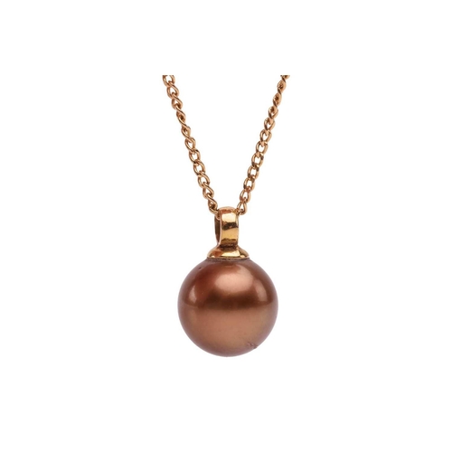 142 - Two cultured pearl pendants on chain; the first comprising a round brown pearl of 9.0 mm, to an 18ct... 