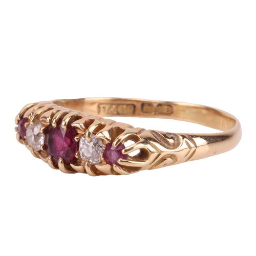 155 - An Edwardian ruby and diamond-set half-hoop ring, claw-set with three rubies and two old-cut diamond... 