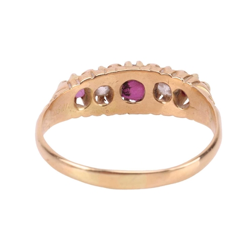 155 - An Edwardian ruby and diamond-set half-hoop ring, claw-set with three rubies and two old-cut diamond... 