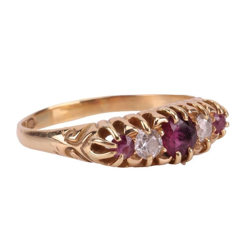 155 - An Edwardian ruby and diamond-set half-hoop ring, claw-set with three rubies and two old-cut diamond... 