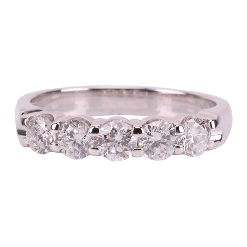 156 - A five-stone diamond ring, featuring five round brilliant diamonds, measuring approximately 3.4mm ea... 