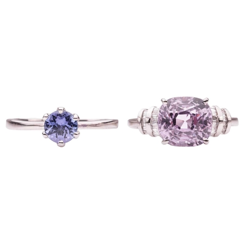 165 - Two gem-set dress rings in platinum; the first ring comprising a cushion-cut kunzite 9.5 x 8.8 x 7.9... 