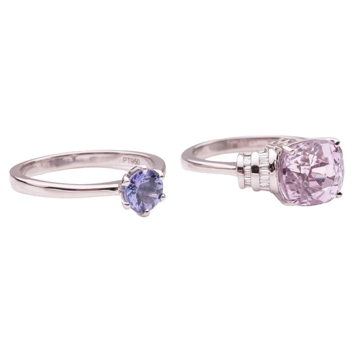 165 - Two gem-set dress rings in platinum; the first ring comprising a cushion-cut kunzite 9.5 x 8.8 x 7.9... 