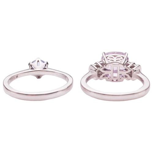 165 - Two gem-set dress rings in platinum; the first ring comprising a cushion-cut kunzite 9.5 x 8.8 x 7.9... 