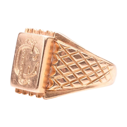 178 - A signet ring, ring head with protruding rectangular cartouche engraved with monogram 'CC', surround... 