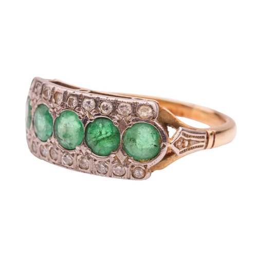 192 - An emerald and diamond-set dress ring, with five circular-cut emeralds measuring approximately 3.5mm... 