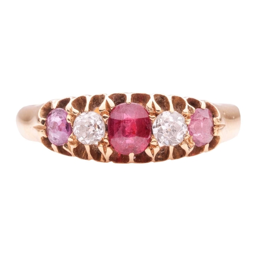 196 - A ruby and diamond five-stone ring, claw-set with alternating circular-cut rubies and old brilliant-... 