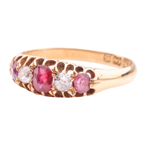 196 - A ruby and diamond five-stone ring, claw-set with alternating circular-cut rubies and old brilliant-... 