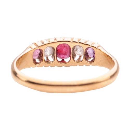 196 - A ruby and diamond five-stone ring, claw-set with alternating circular-cut rubies and old brilliant-... 