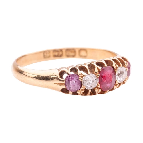 196 - A ruby and diamond five-stone ring, claw-set with alternating circular-cut rubies and old brilliant-... 