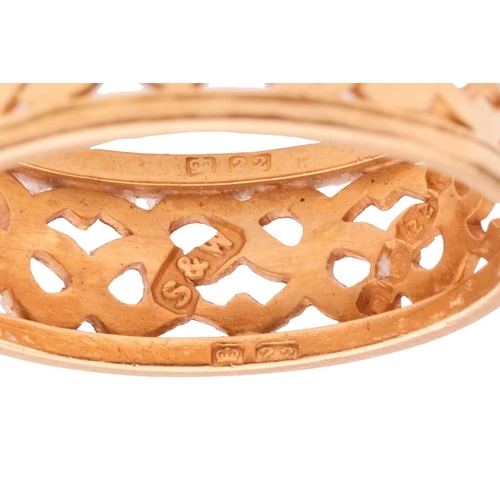 201 - Two wedding bands in 22ct yellow gold; to include a plain D-profile band with flat edges, size M½; a... 