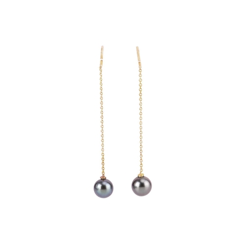 218 - A Tahitian cultured pearl lariat necklace and a pair of matching drop earrings; comprising a wheat l... 