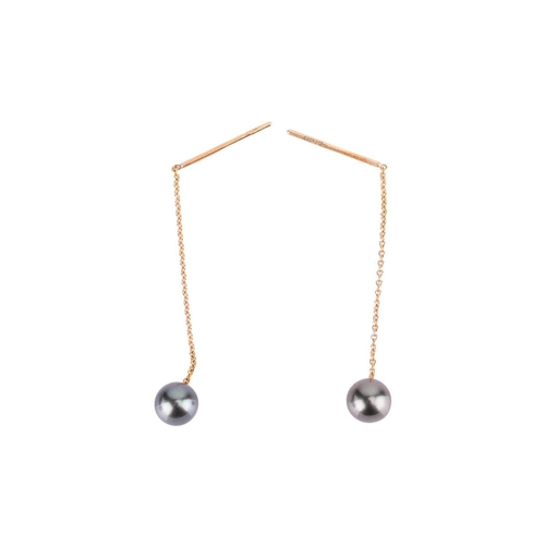 218 - A Tahitian cultured pearl lariat necklace and a pair of matching drop earrings; comprising a wheat l... 