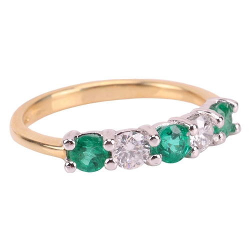 235 - An emerald and diamond-set half-hoop ring, featuring five alternating round-cut emeralds and diamond... 