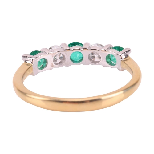 235 - An emerald and diamond-set half-hoop ring, featuring five alternating round-cut emeralds and diamond... 