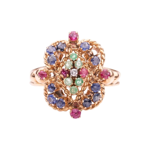 241 - A multi-gem dress ring, featuring emeralds and rubies, set to the centre in a lozenge-shaped cluster... 