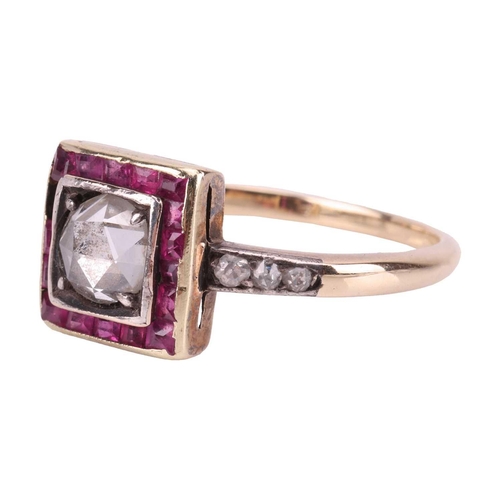 244 - An Art Deco diamond and ruby dress ring, the square head centred with a round rose-cut diamond of 5.... 