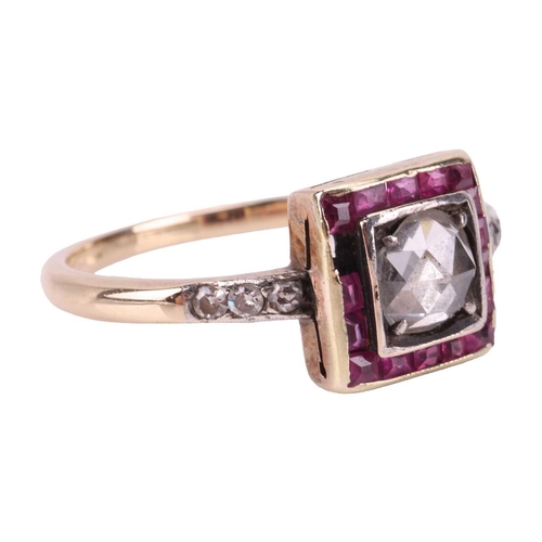 244 - An Art Deco diamond and ruby dress ring, the square head centred with a round rose-cut diamond of 5.... 