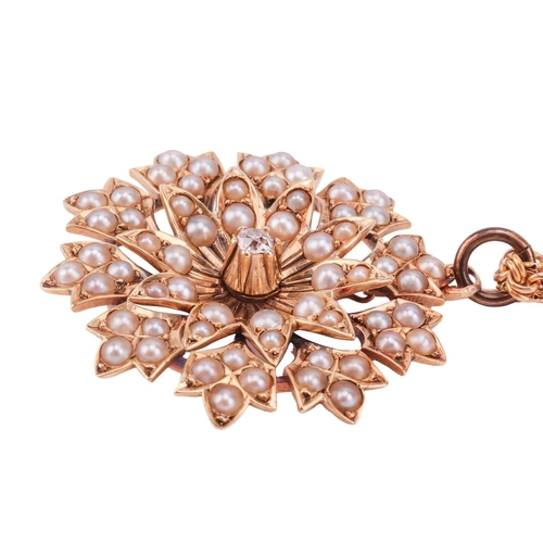 253 - A flowerhead pendant on chain, the tiered floral mount with petals encrusted with split pearls, supe... 