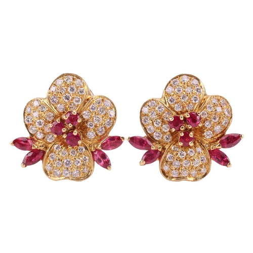 255 - A pair of ruby and diamond floral earrings, each flowerhead pavé-set with round brilliant-cut diamon... 