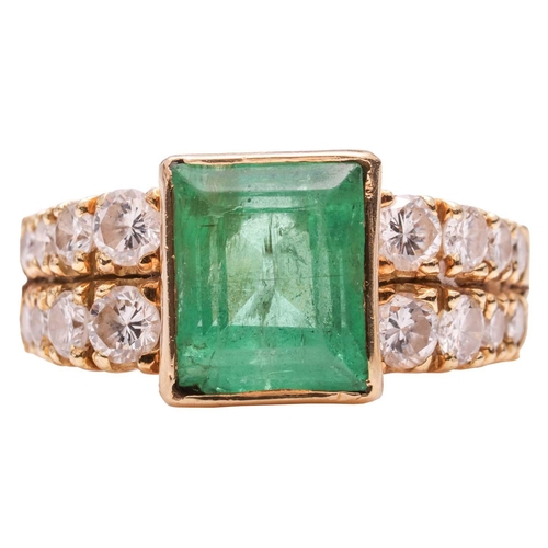 258 - An emerald and diamond dress ring, featuring a step-cut emerald in collet, approximately measuring 8... 