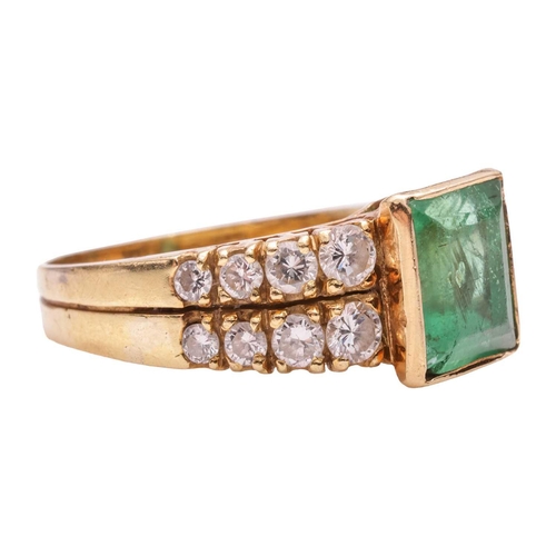 258 - An emerald and diamond dress ring, featuring a step-cut emerald in collet, approximately measuring 8... 