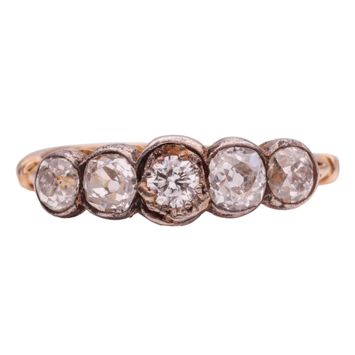 259 - A five-stone diamond-set ring, featuring four old-cut diamonds and one round brilliant diamond, with... 