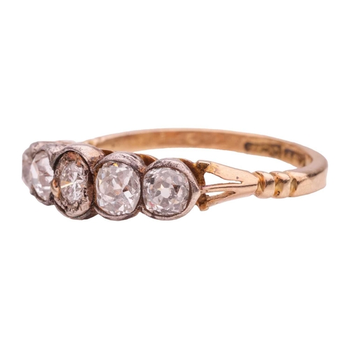 259 - A five-stone diamond-set ring, featuring four old-cut diamonds and one round brilliant diamond, with... 