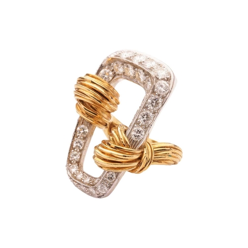 263 - Kutchinsky - a diamond-set cocktail ring, set in 18ct gold, of trapezoidal buckle form, encrusted wi... 