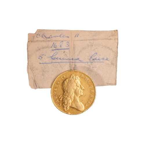 273 - Charles II (1660-85), gold Five Guinea coin, 1683, designed by John Roettiers, obverse with right-fa... 