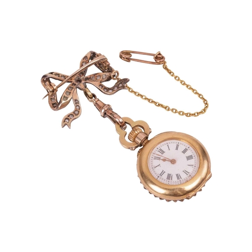 323 - An open-face fob watch set with diamond and ruby, with a keyless Swiss bar movement in a yellow meta... 