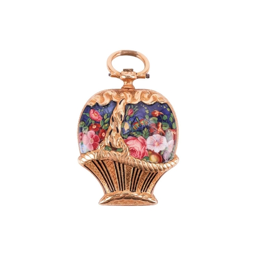 324 - A Swiss enamel pendant watch the engraved yellow metal basket with polychrome Swiss enamel flowers, ... 