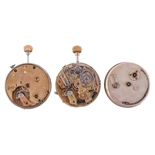 327 - A 19th-century unnamed 1/4 repeating keyless chronograph pocket watch movement, 4.4 cm diameter x 9 ... 